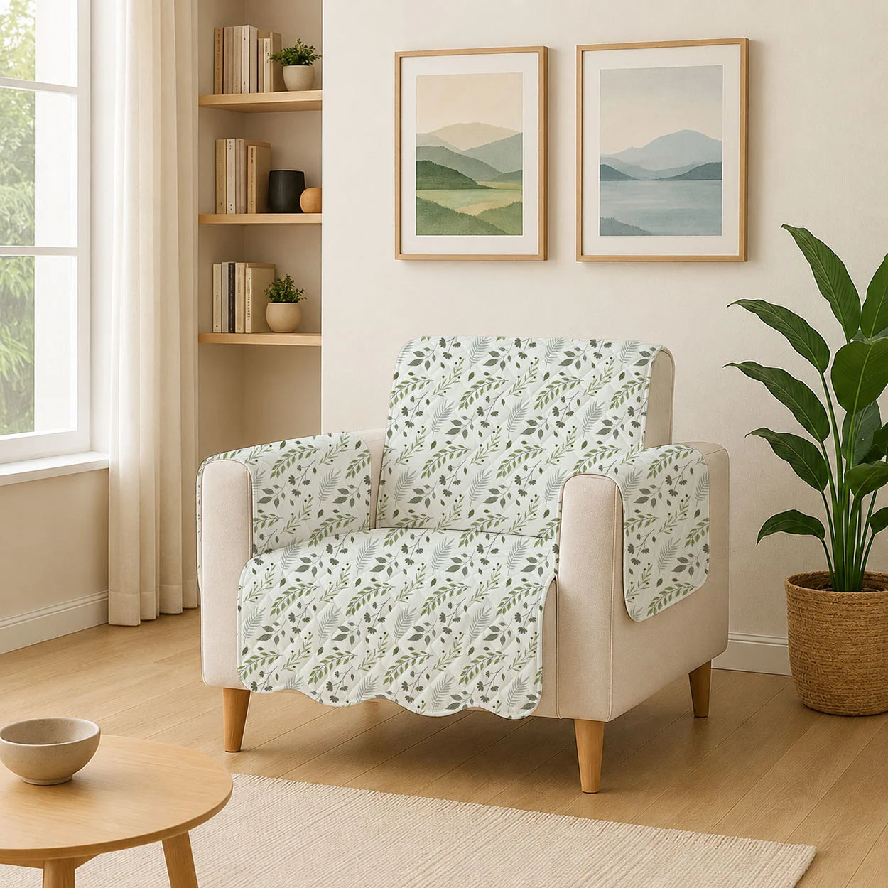 1 Seater Sofa Cover with Non Slip Base (Size A (55 cm), Lush Canopy, Waves)