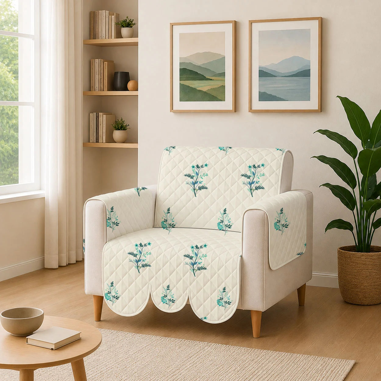 1 Seater Sofa Cover with Non Slip Base (Size A (55 cm), Silent Meadow, Petals)