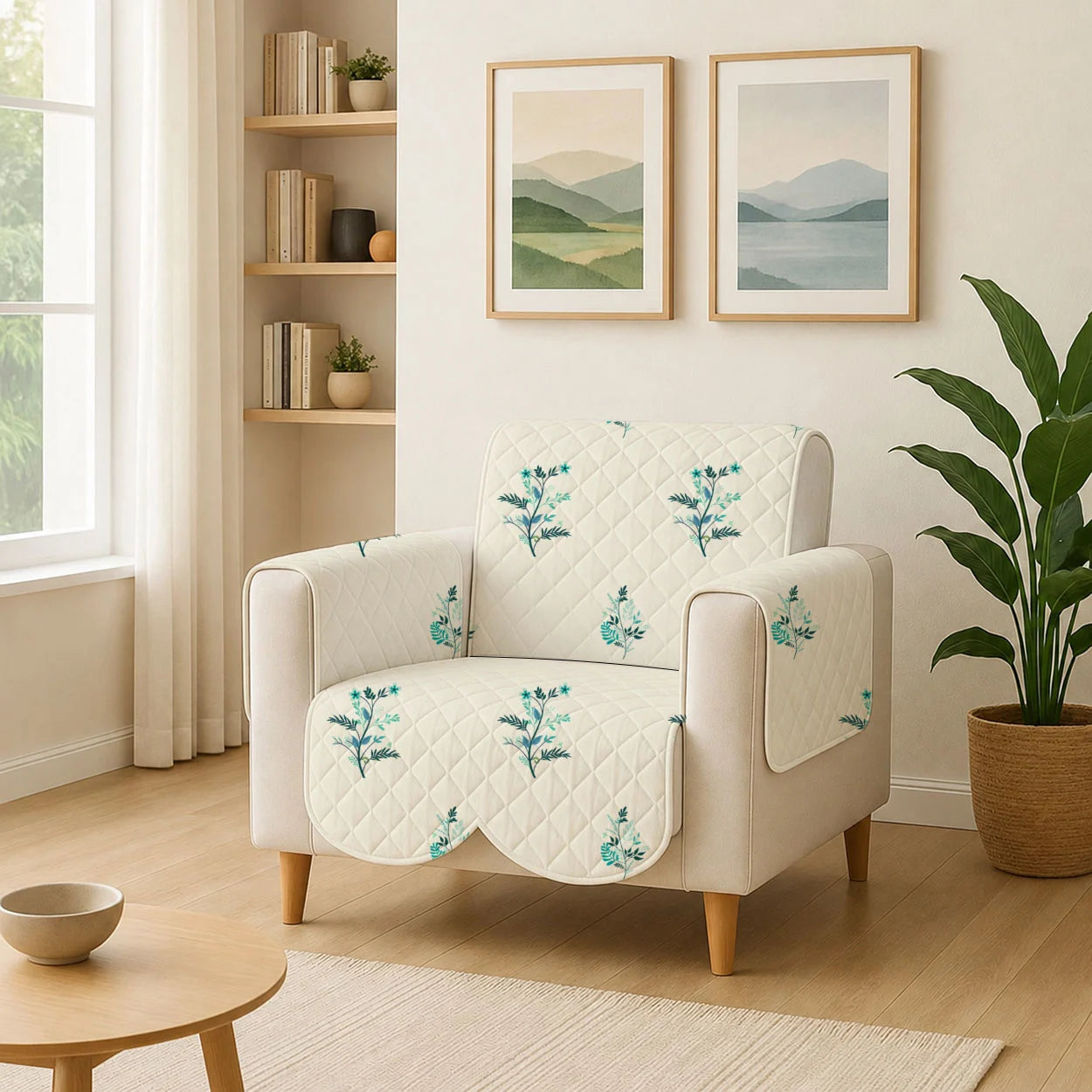 1 Seater Sofa Cover with Non Slip Base (Size A (55 cm), Silent Meadow, Scallops)