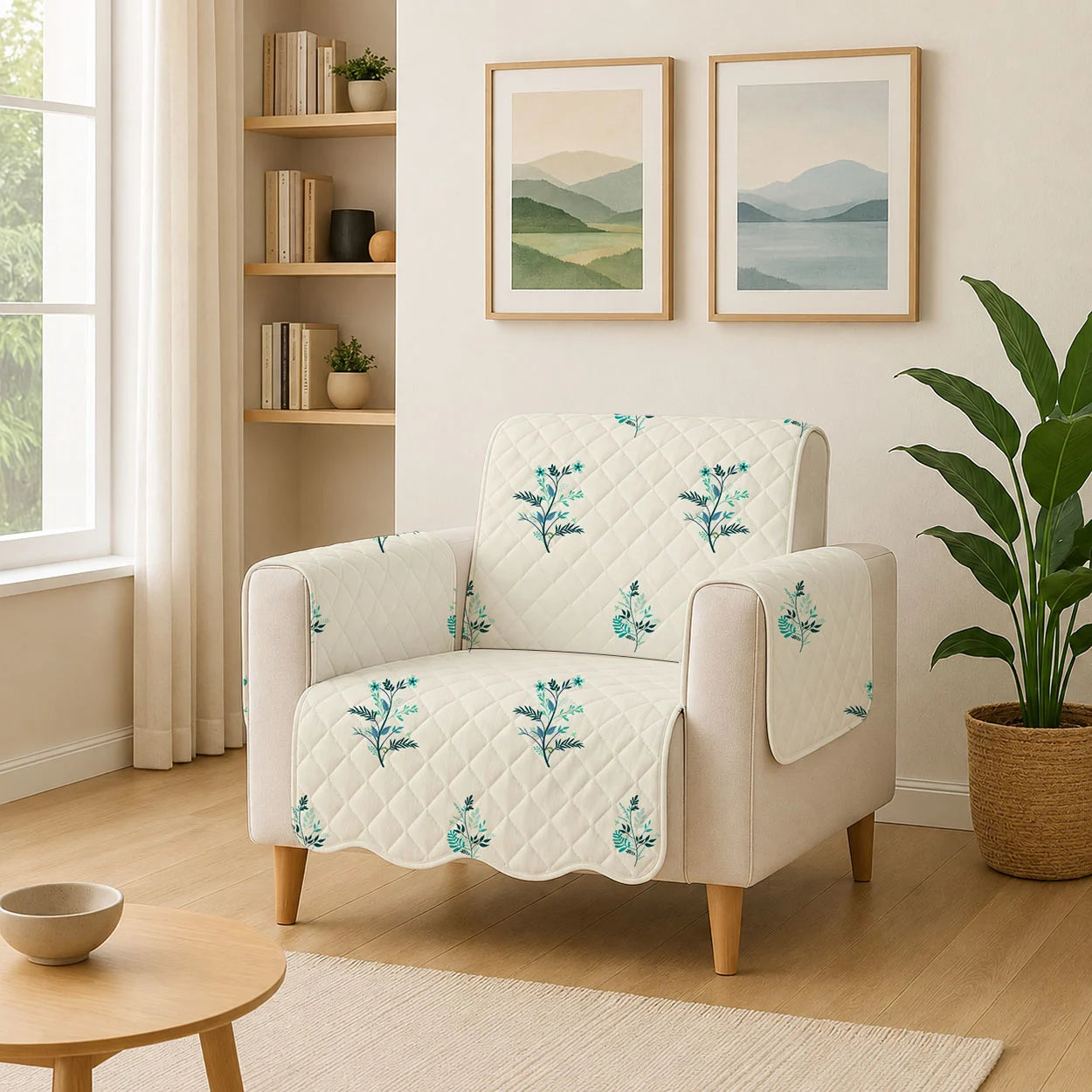 1 Seater Sofa Cover with Non Slip Base (Size A (55 cm), Silent Meadow, Waves)