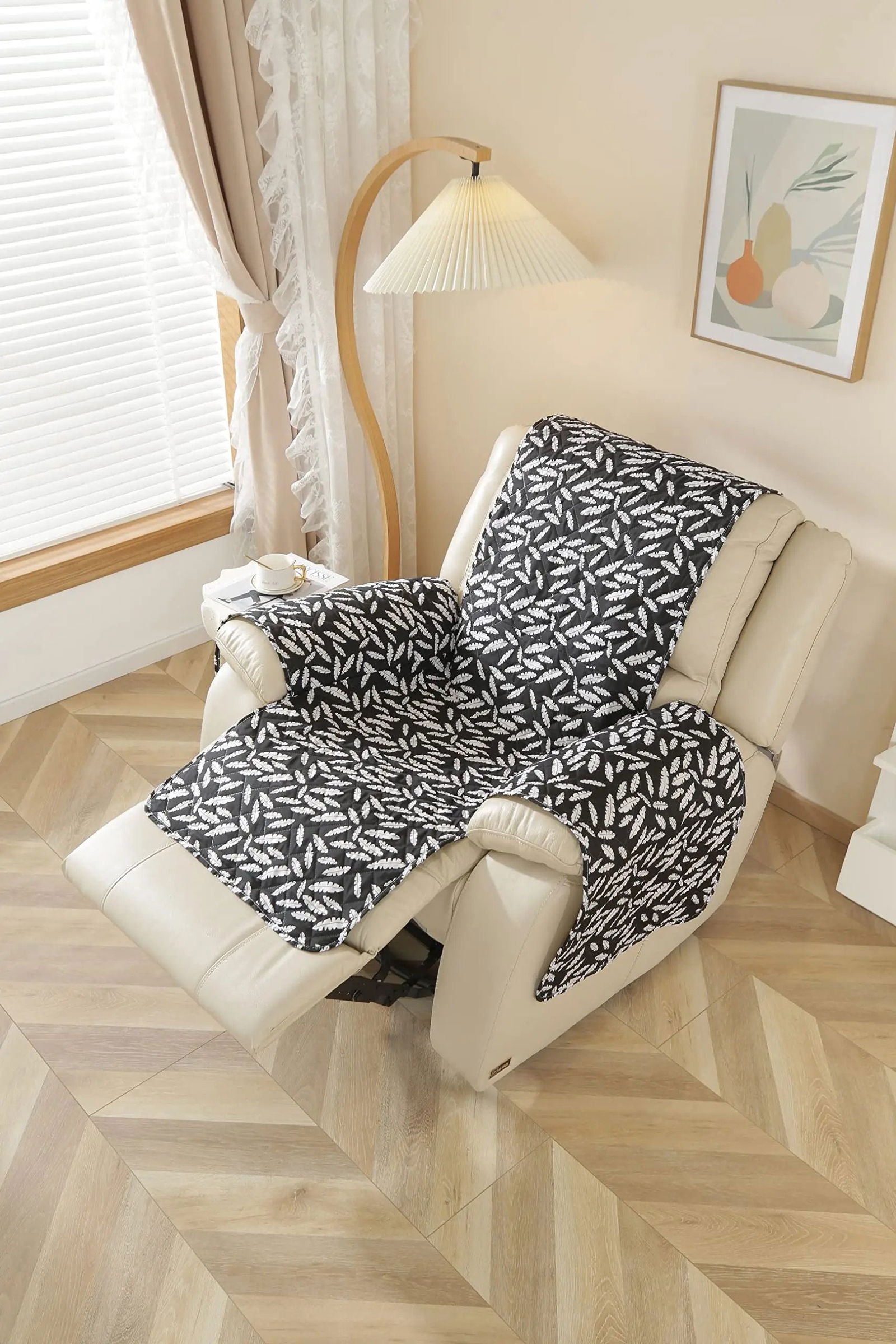 1 Seater Recliner Sofa Cover with Elastic Strap (Size A (55 cm), Blooming Leaves) - Shades of Mom