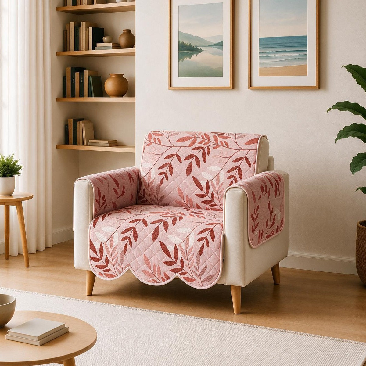 1 Seater Sofa Cover | Non Slip Base | Blush Bloom | Scallops