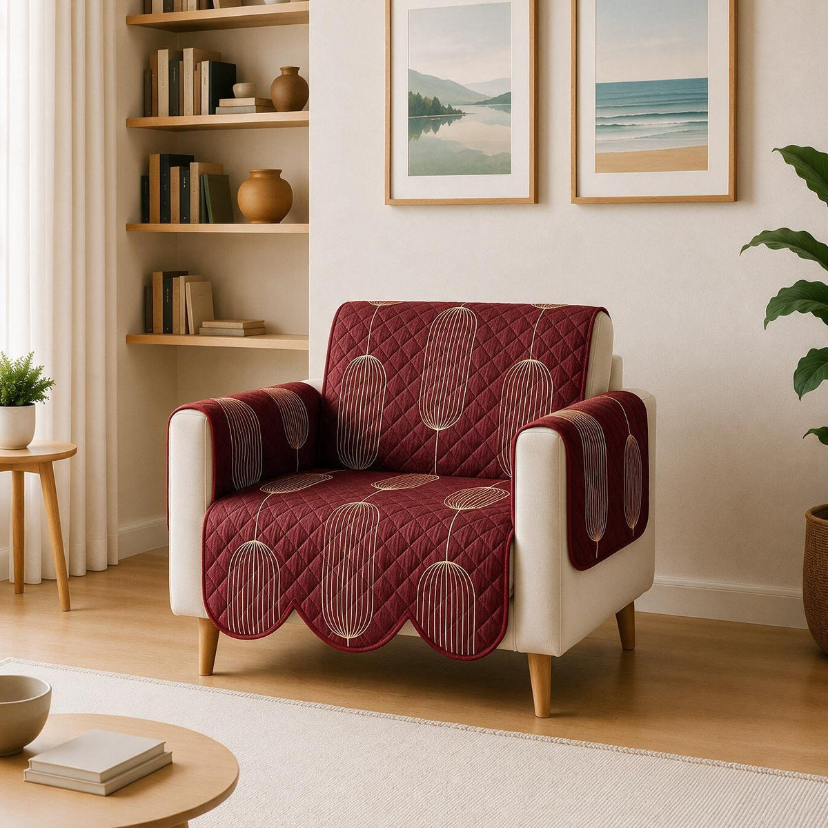 1 Seater Sofa Cover | Non Slip Base | Burgundy Lantern | Scallops