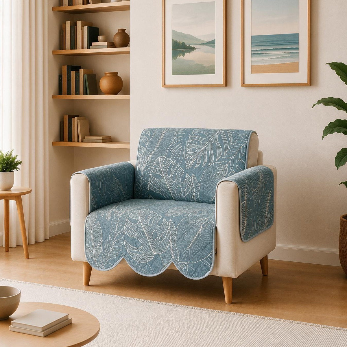 1 Seater Sofa Cover | Non Slip Base | Coastal Breeze | Scallops
