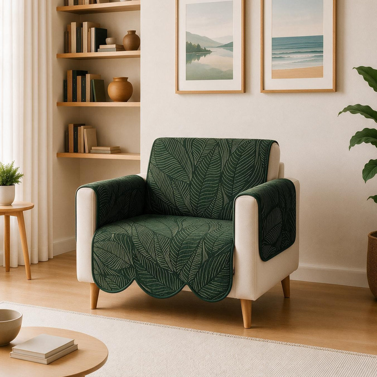 1 Seater Sofa Cover | Non Slip Base | Emerald Whisper | Scallops