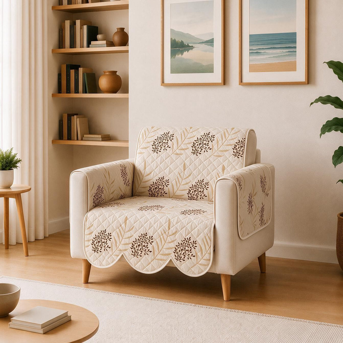 1 Seater Sofa Cover | Non Slip Base | Fallen Leaves | Scallops