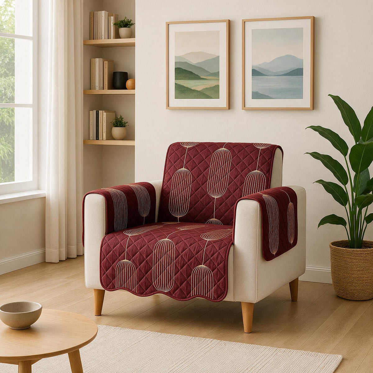 1 Seater Sofa Cover | Non Slip Base | Burgundy Lantern | Waves