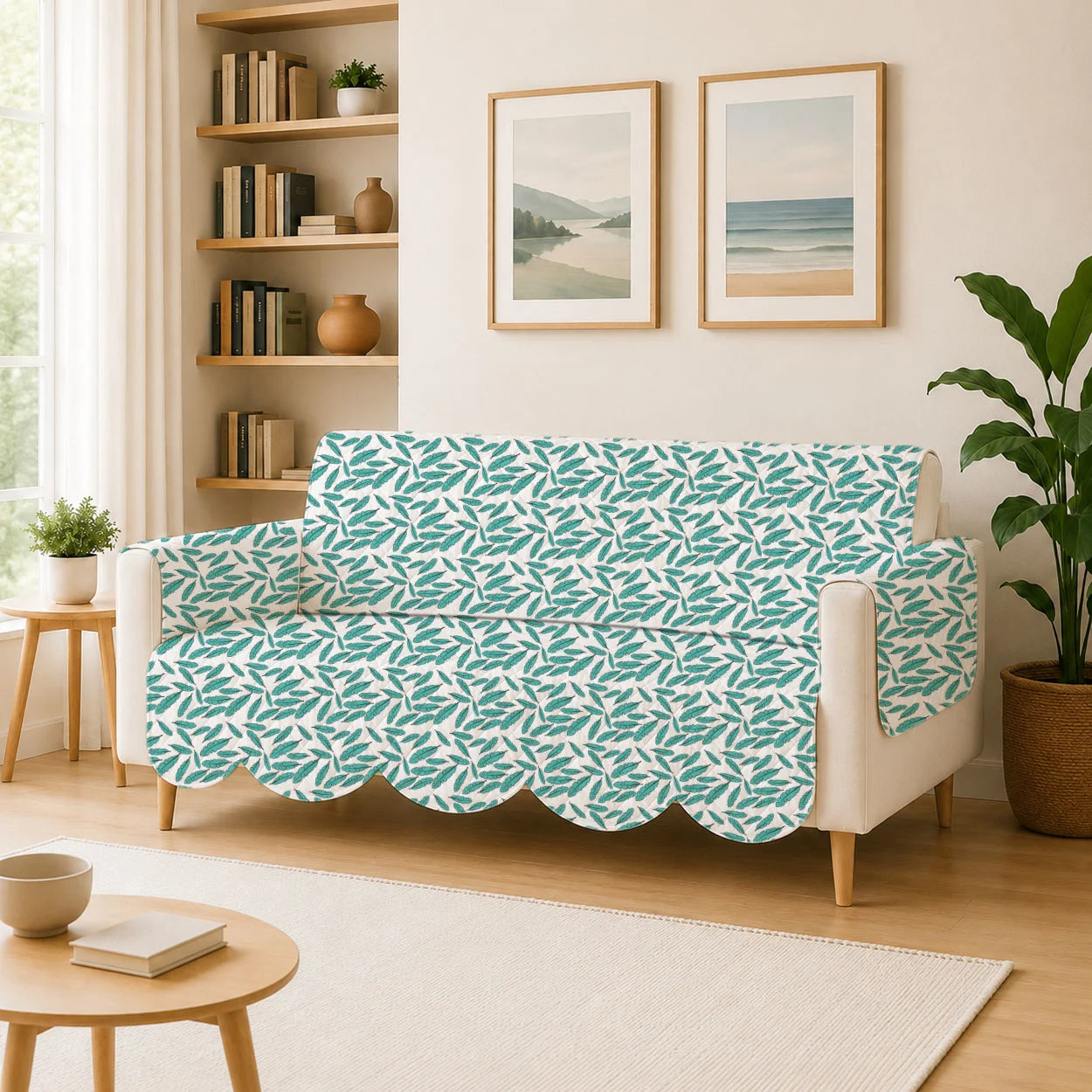 2 Seater Sofa Cover with Non Slip Base (Size B (130 cm), Floral Paradise, Scallops)
