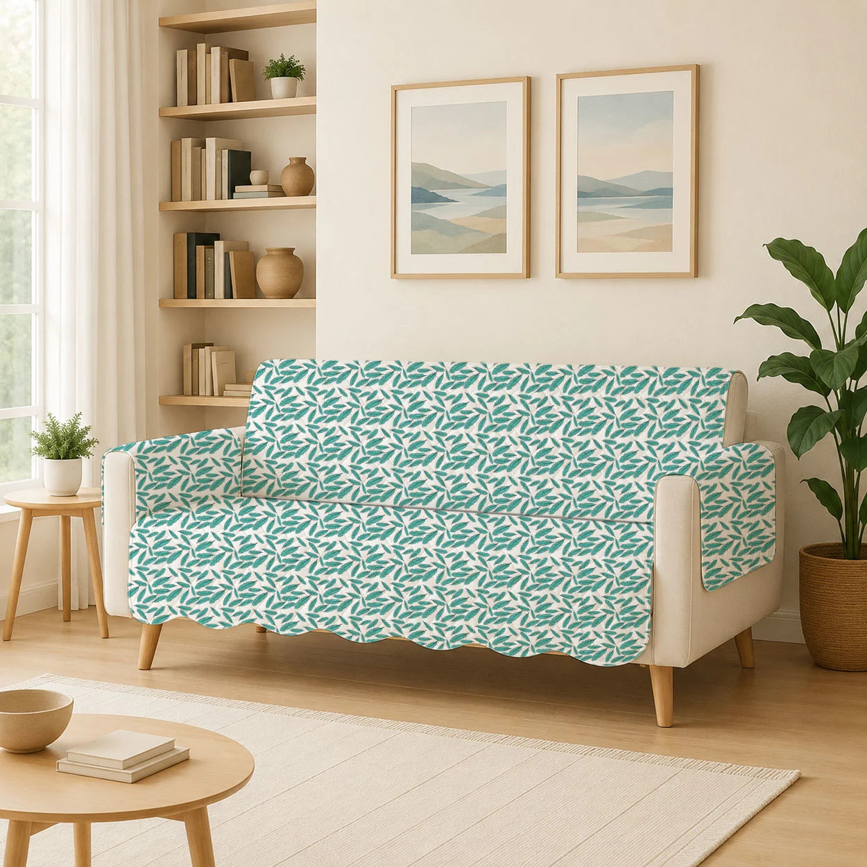 2 Seater Sofa Cover with Non Slip Base (Size B (130 cm), Floral Paradise, Waves)