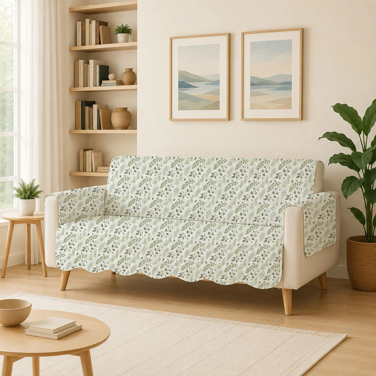 2 Seater Sofa Cover with Non Slip Base (Size B (130 cm), Lush Canopy, Waves)