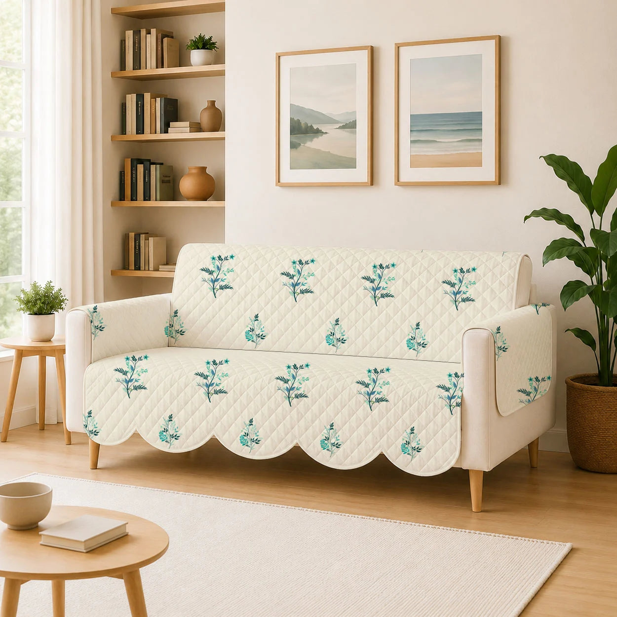 2 Seater Sofa Cover with Non Slip Base (Size B (130 cm), Silent Meadow, Scallops)