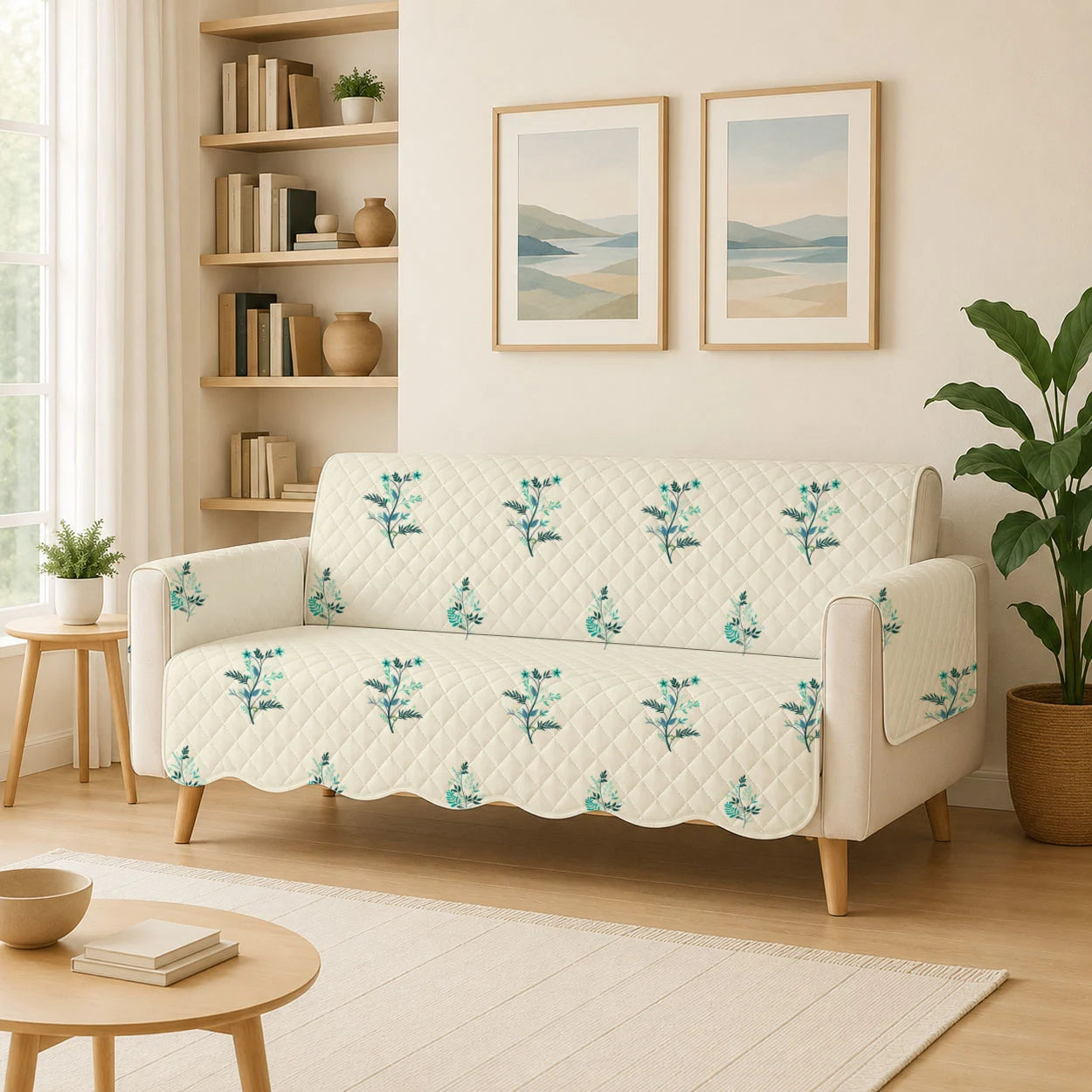 2 Seater Sofa Cover with Non Slip Base (Size B (130 cm), Silent Meadow, Waves)
