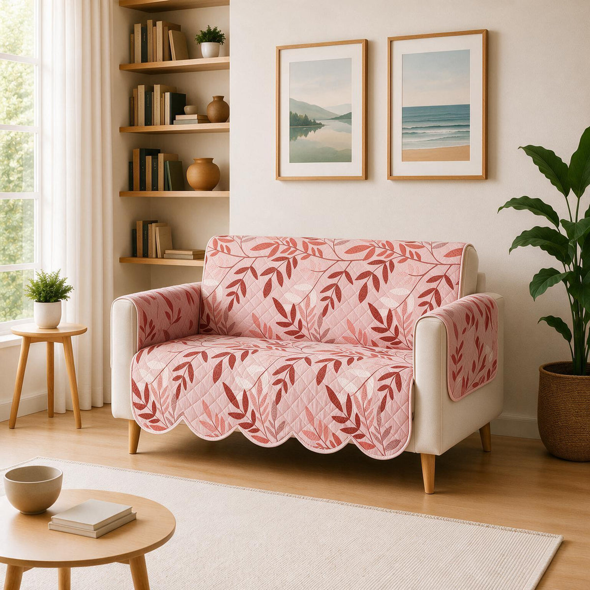 2 Seater Sofa Cover | Non Slip Base | Blush Bloom | Scallops