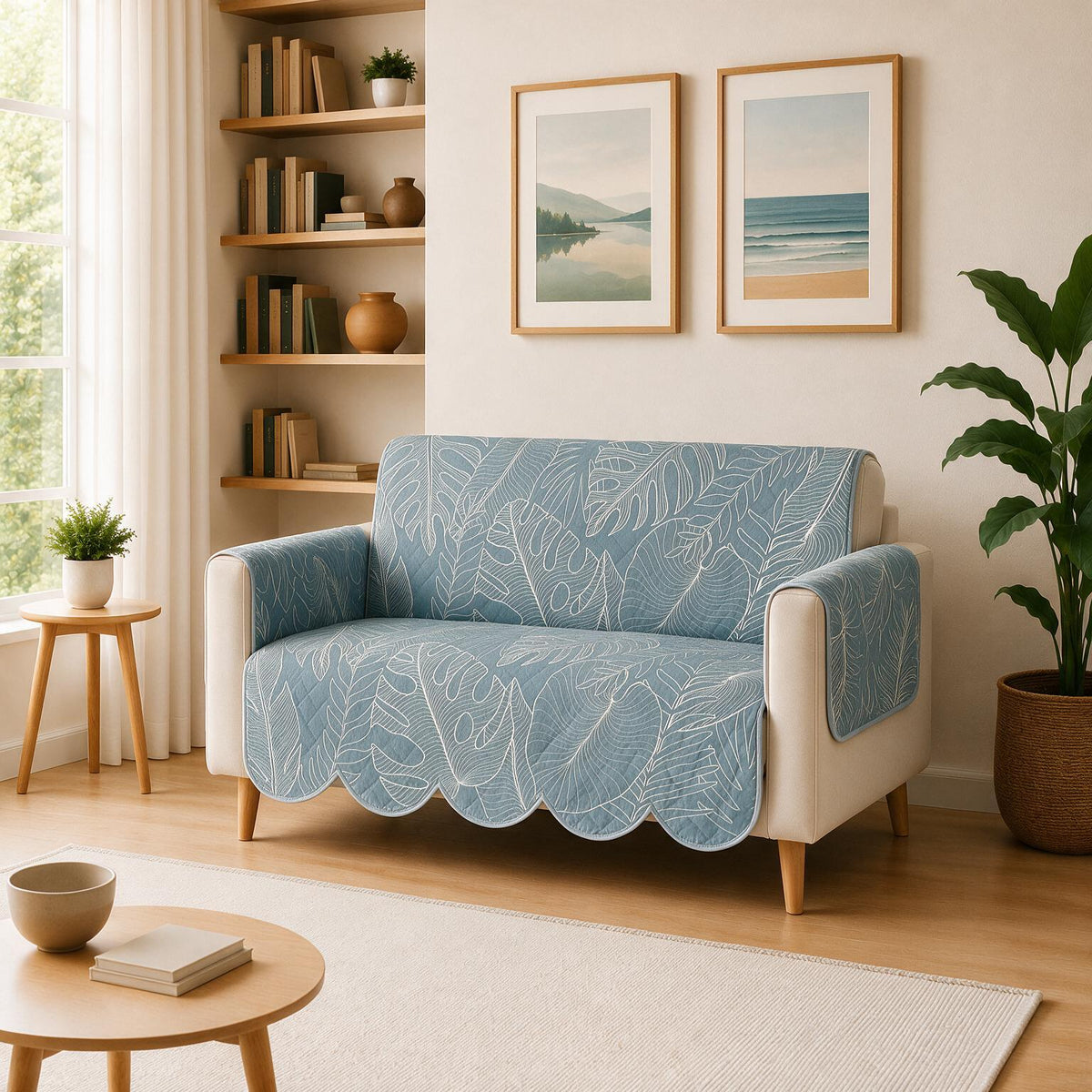 2 Seater Sofa Cover | Non Slip Base | Coastal Breeze | Scallops