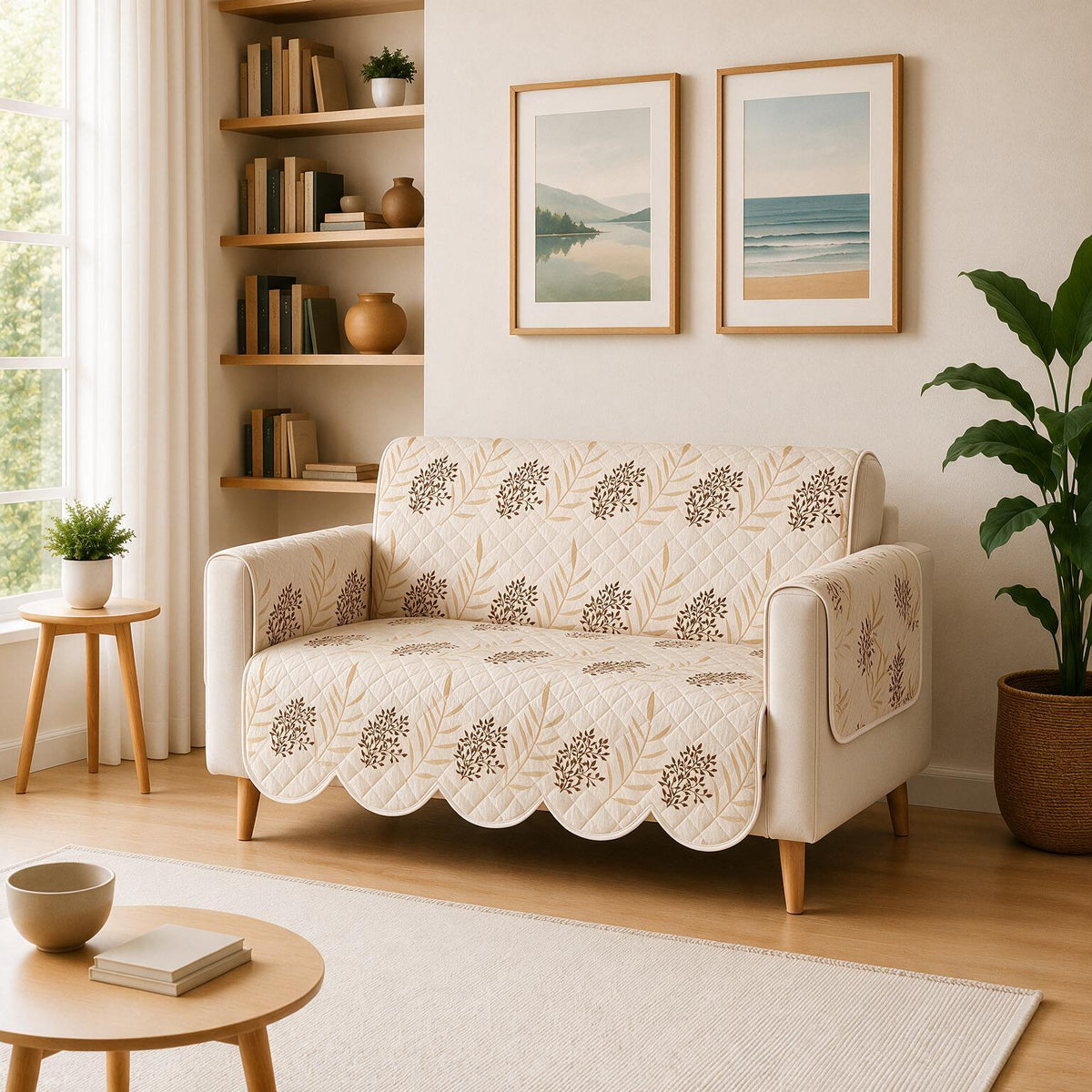 2 Seater Sofa Cover | Non Slip Base | Fallen Leaves | Scallops