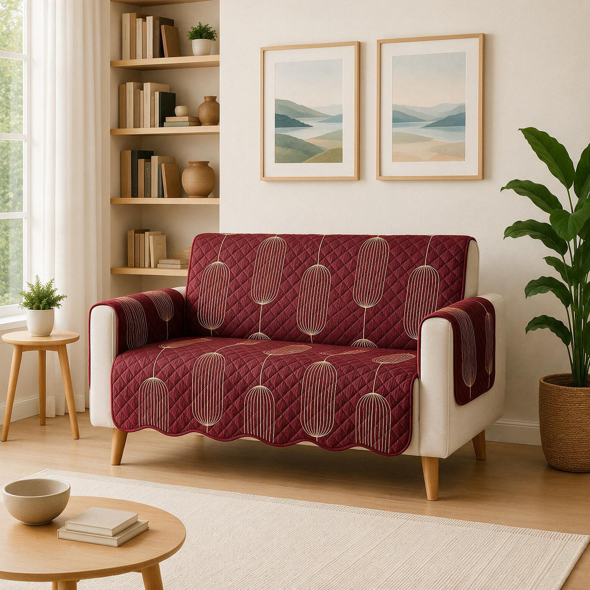 2 Seater Sofa Cover | Non Slip Base | Burgundy Lantern | Waves