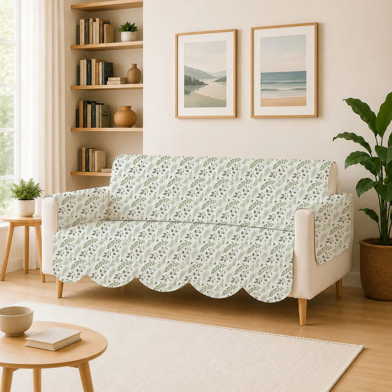 3 Seater Sofa Cover with Non Slip Base (Size C (190 cm), Lush Canopy, Scallops)