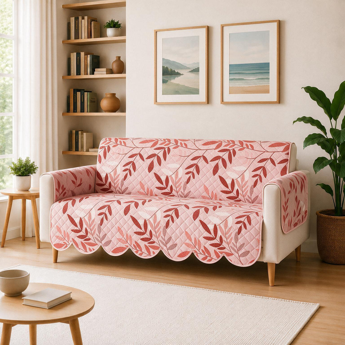 3 Seater Sofa Cover | Non Slip Base | Blush Bloom | Scallops