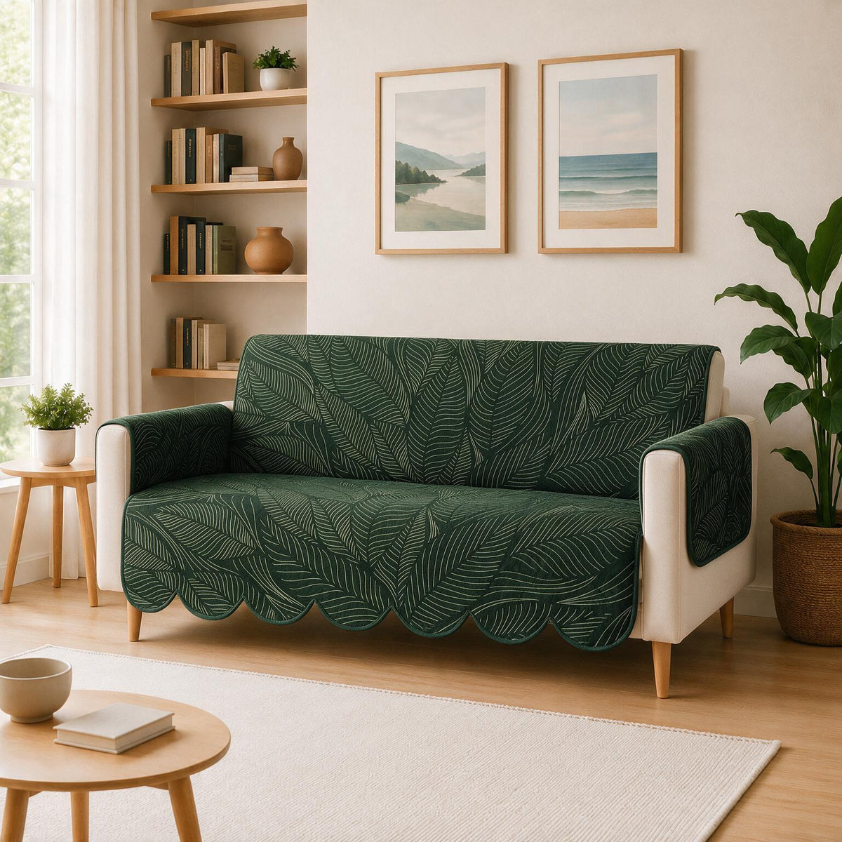 3 Seater Sofa Cover | Non Slip Base | Emerald Whisper | Scallops