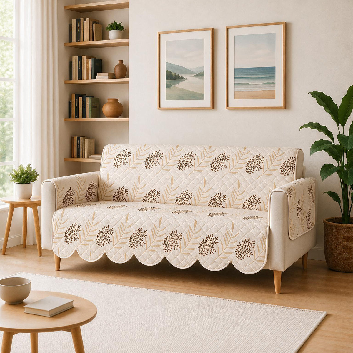 3 Seater Sofa Cover | Non Slip Base | Fallen Leaves | Scallops