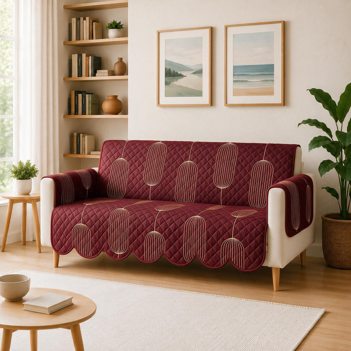 3 Seater Sofa Cover | Non Slip Base | Burgundy Lantern | Scallops