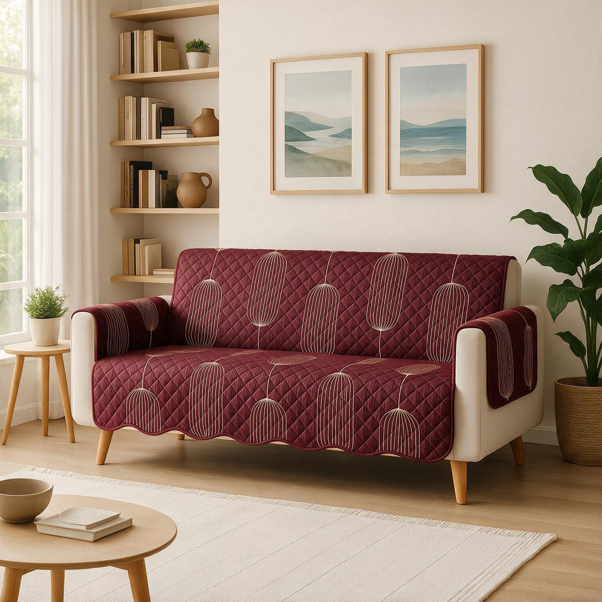 3 Seater Sofa Cover | Non Slip Base | Burgundy Lantern | Waves
