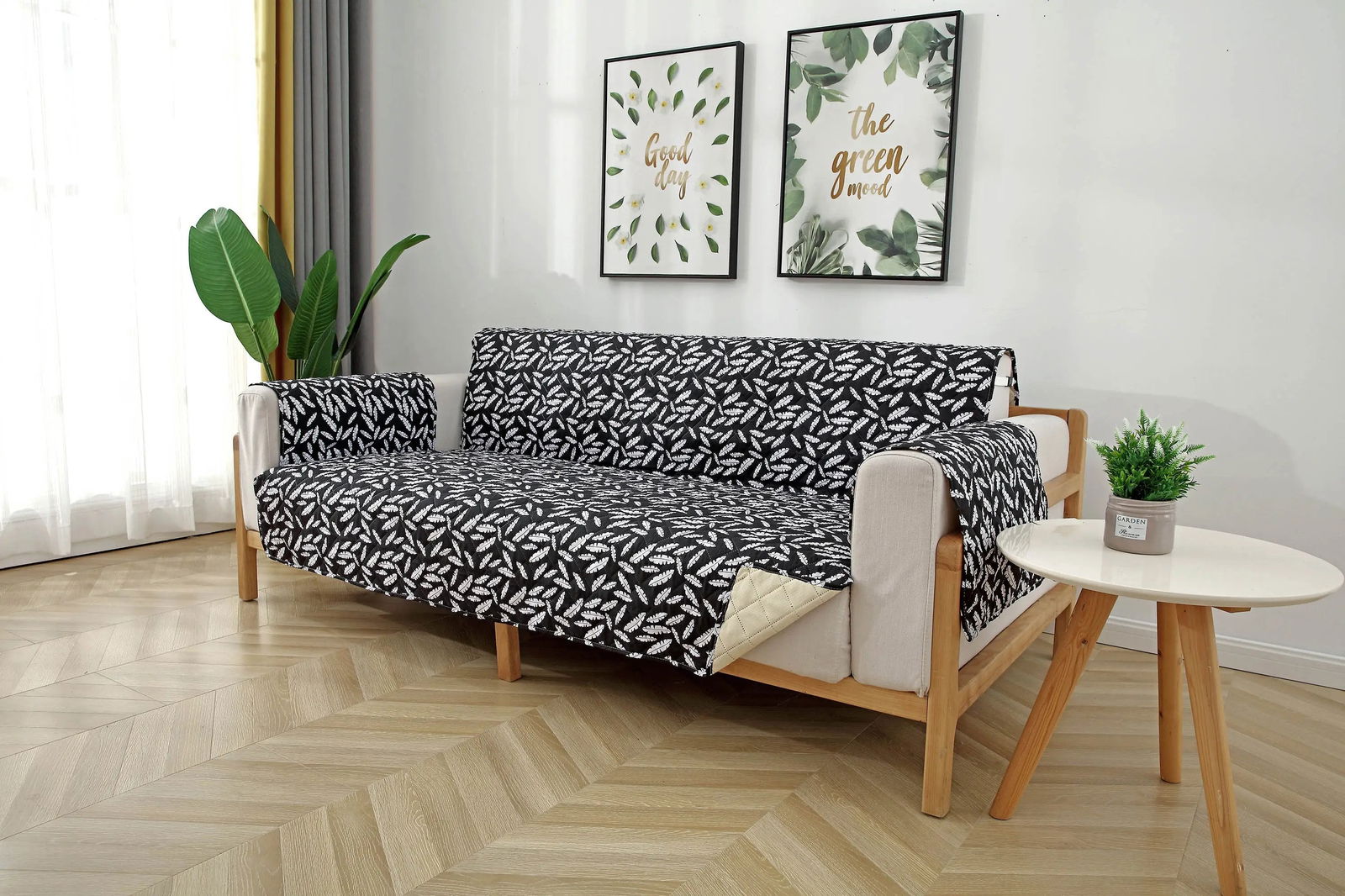 3 Seater Sofa Cover with Elastic Strap (Size C (190 cm), Blooming Leaves) - Shades of Mom