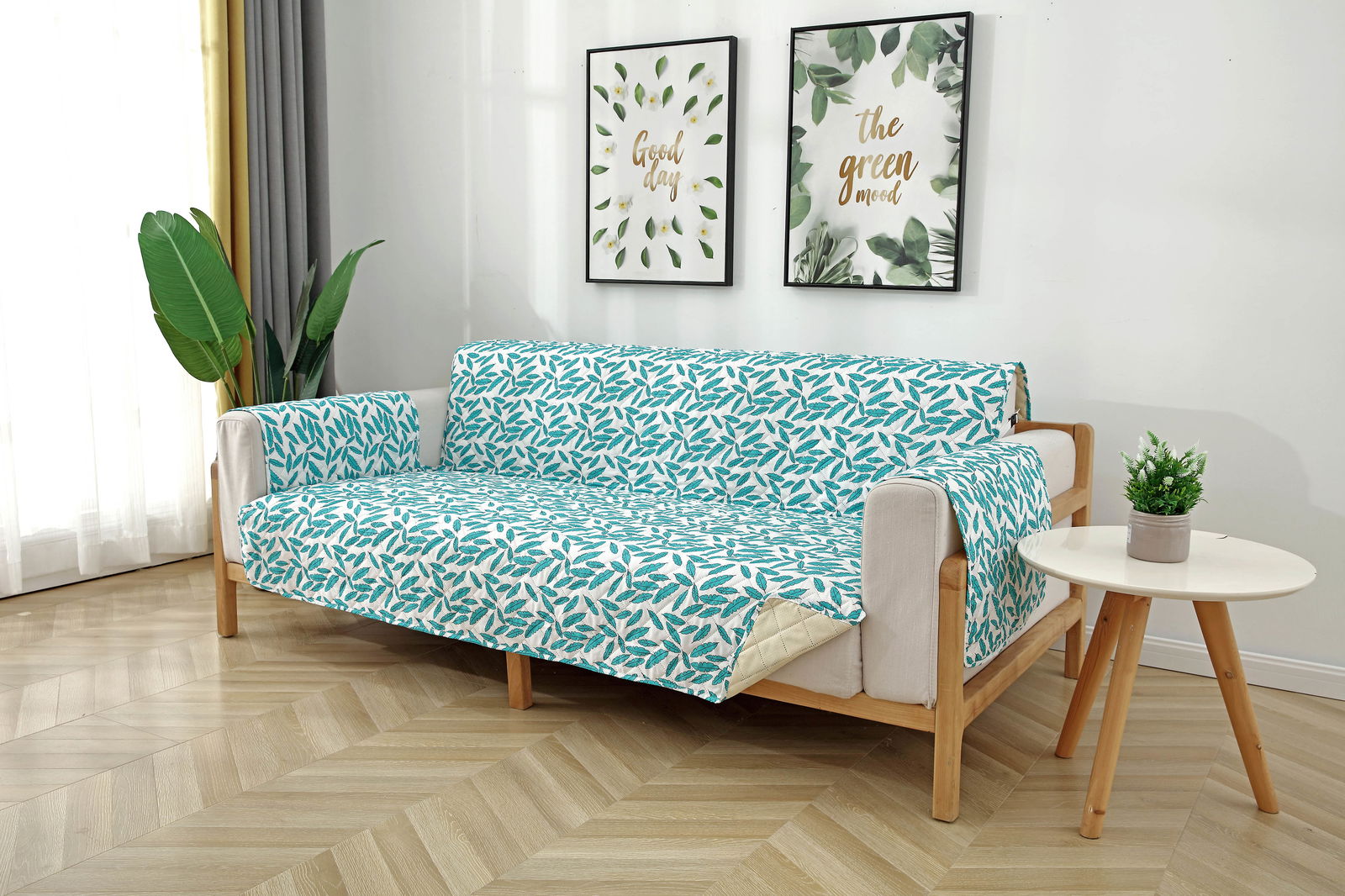 3 Seater Sofa Cover with Non Slip Base (Size C (190 cm), Floral Paradise, Waves)