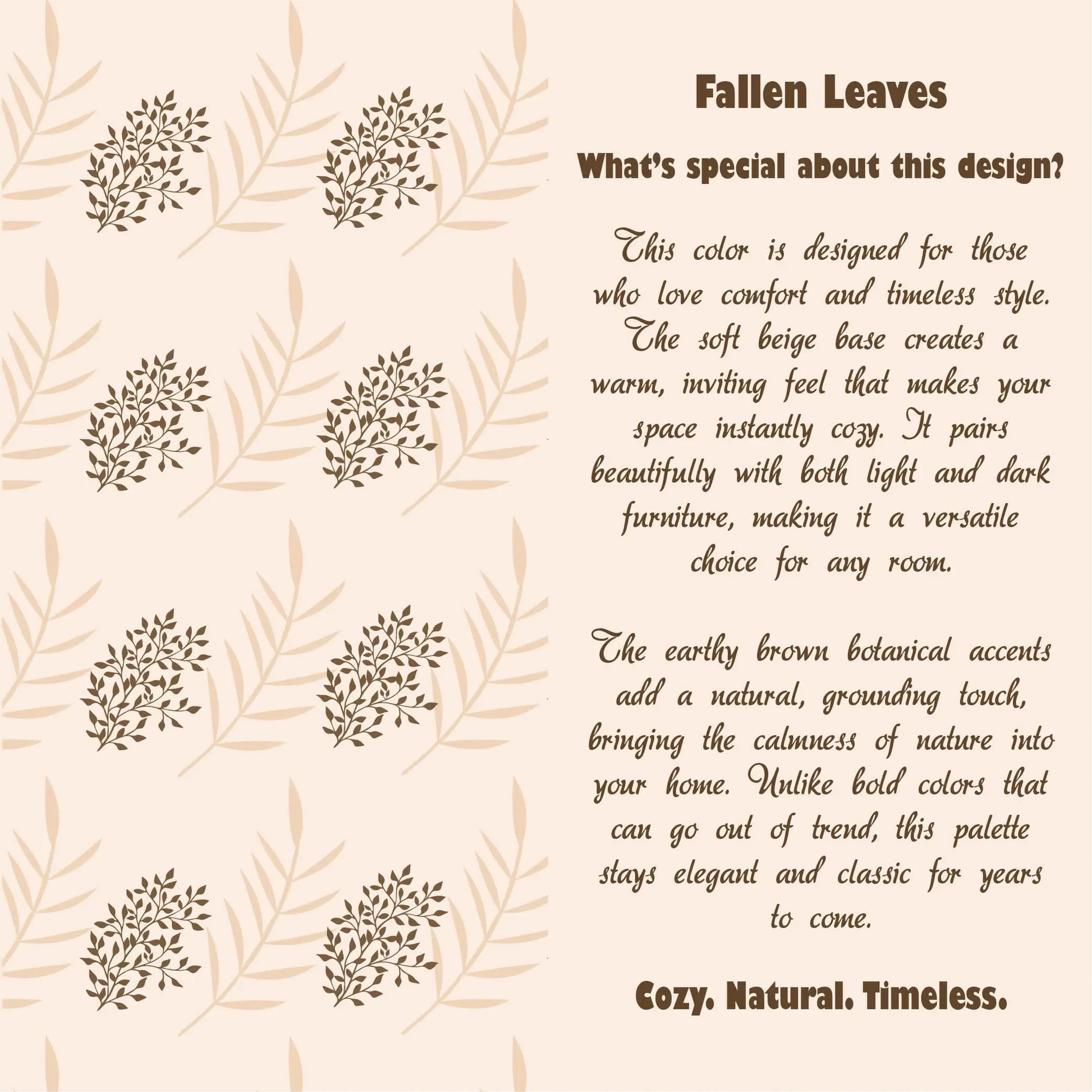 Text about a design with fallen leaves pattern and description of color scheme.