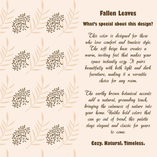 Text about a design with fallen leaves pattern and description of color scheme.
