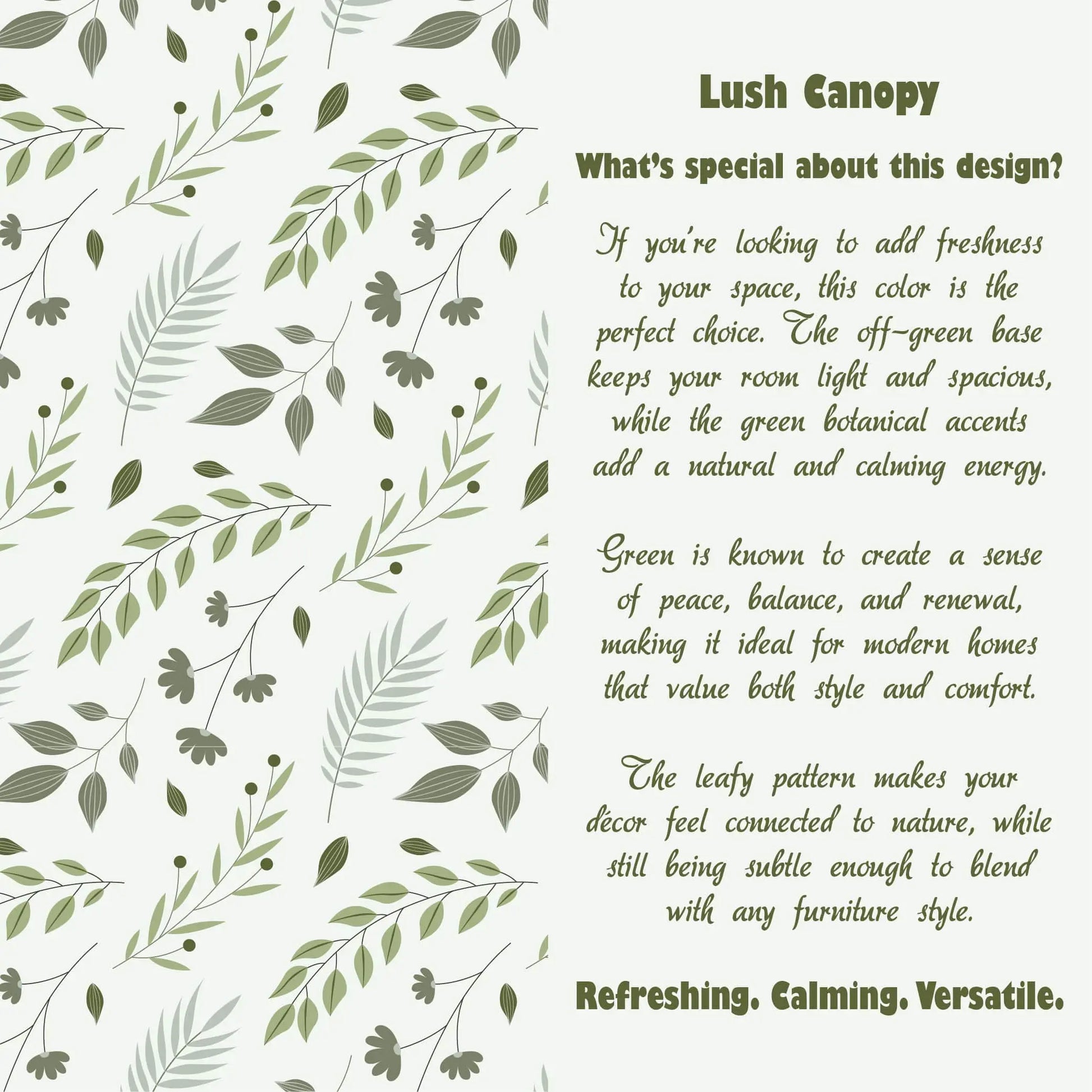 Decorative design with green leaves and text about the design's features.