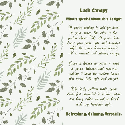 Decorative design with green leaves and text about the design's features.