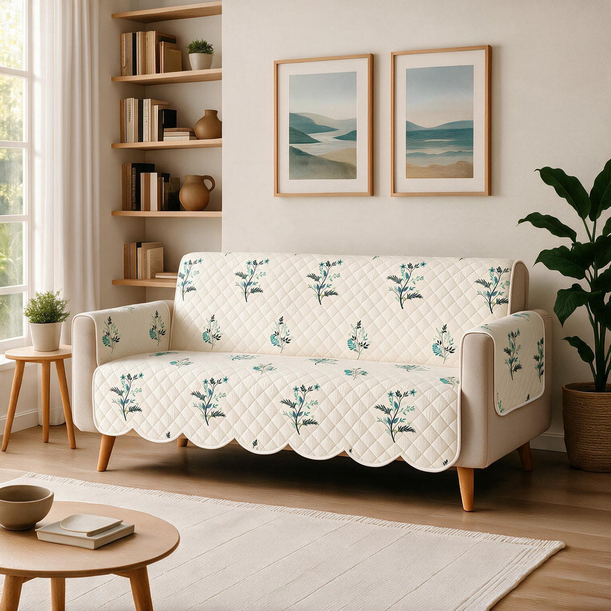 3 Seater Sofa Cover | Non Slip Base | Silent Meadow | Scallops