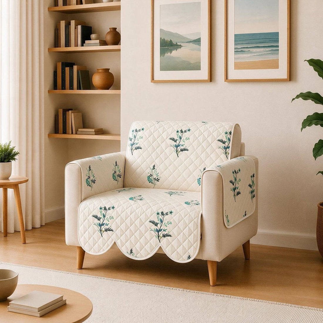 A quilted cream armchair slipcover with a scalloped edge and blue-green floral print, shown on an armchair in a styled living room setting.