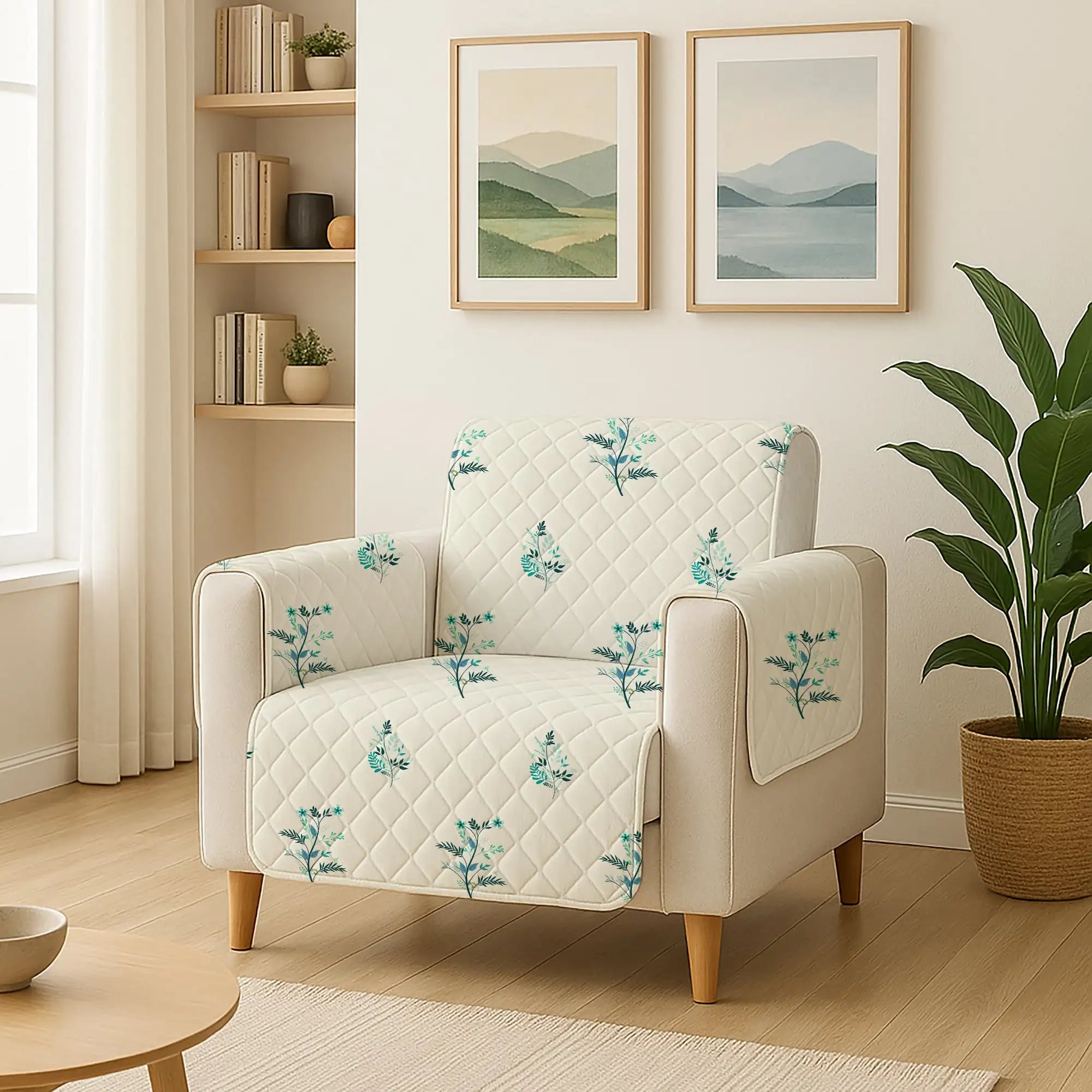 1 Seater Sofa Cover with Non Slip Base (Size A (55 cm), Silent Meadow)