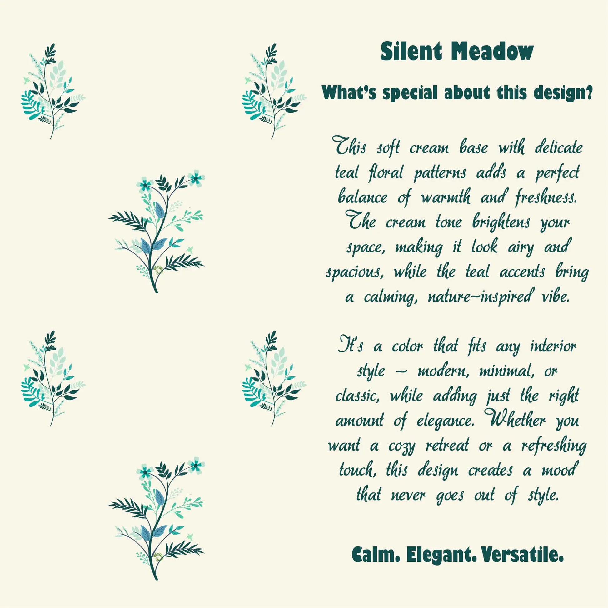 Text about 'Silent Meadow' design with teal floral patterns on a light beige background.