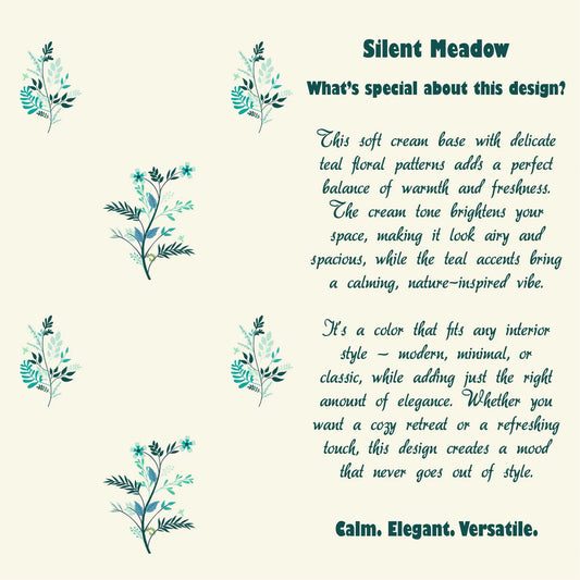 Text about 'Silent Meadow' design with teal floral patterns on a light beige background.